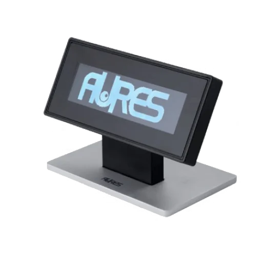 Nahaufnahme eines AURES-Point-of-Sale-Display-Terminals mit schwarzem Bildschirmrahmen, silbernem Ständer und prominent auf dem Bildschirm angezeigtem AURES-Logo, das das elegante Design der Marke unterstreicht.