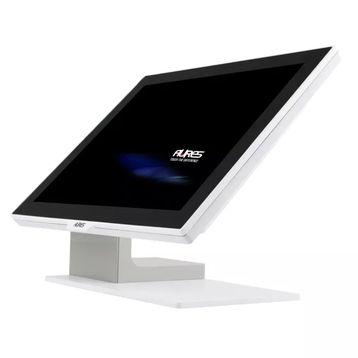 Nahaufnahme eines eleganten, modernen Point-of-Sale-Systems (POS) von AURES mit einem großen Touchscreen-Display in klarem Weiß, konzipiert für den Einzelhandel oder das Gastgewerbe.