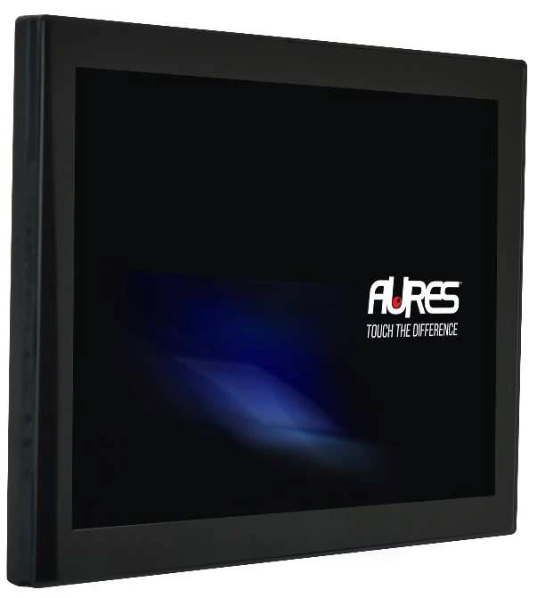 Nahaufnahme eines AURES-Touchscreen-Monitors mit einem eleganten schwarzen Rahmen. Ideale Kassensystem-Hardware mit responsiver Touch-Technologie für den Einzelhandel.