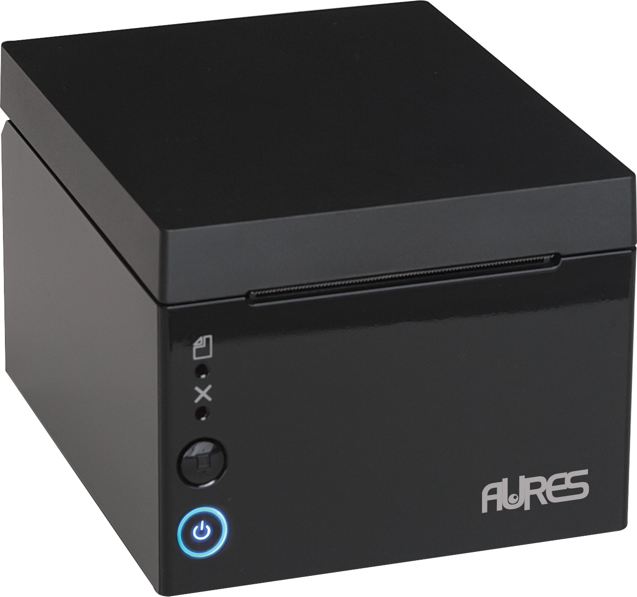Aures ODP 5000 Schwarzer Thermo-Belegdrucker. Nahaufnahme des Druckers mit Netzschalter und AURES-Logo. Point-of-Sale-Gerät.