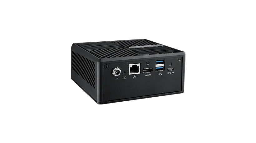 Bild eines kompakten schwarzen Mini-PCs mit seinen verschiedenen Anschlüssen, darunter USB, HDMI und Ethernet, konzipiert für effizientes Computing und Konnektivität.