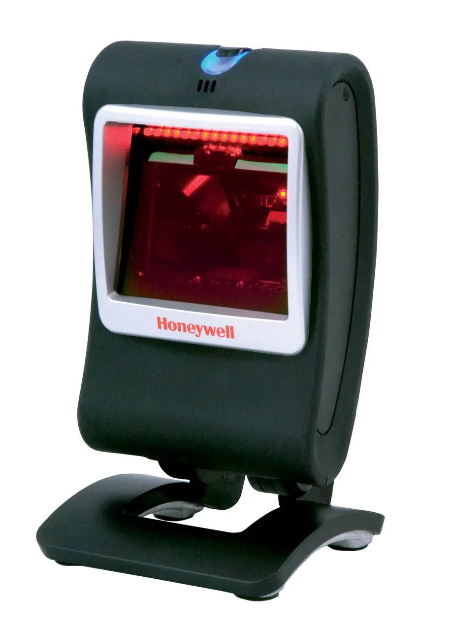 Nahaufnahme eines Honeywell-Barcodescanners mit schwarzem Gehäuse, rotem Scanlicht und elegantem Design für effiziente Kassenabläufe.
