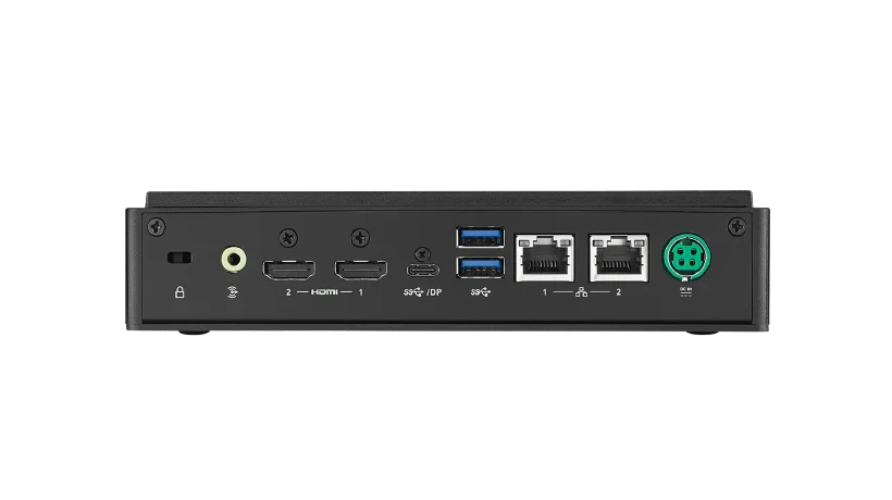 Die Rückseite eines schwarzen Mini-PCs verfügt über Anschlüsse für HDMI, USB, Ethernet und Audio, einschließlich eines Netzschalters für verbesserte Konnektivität und Funktionalität.