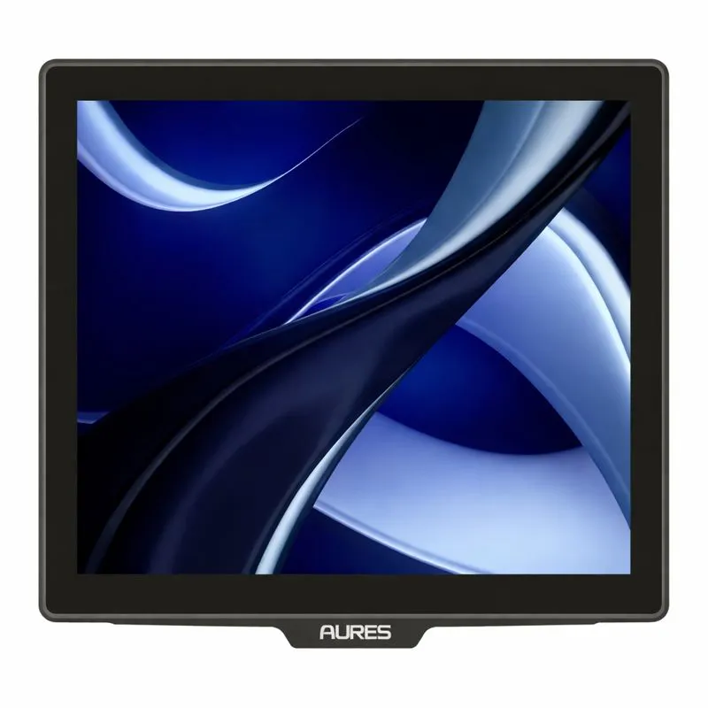 AURES POS-Terminal mit modernem, rahmenlosem Design und einem hochauflösenden Display, das ein dynamisches blau-weißes abstraktes Muster zeigt. Ideale Point-of-Sale-Lösung.