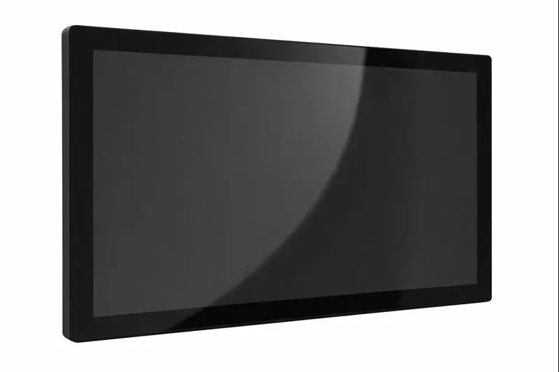 Bild eines eleganten, modernen Touchscreen-Monitors mit schwarzem Rahmen und glänzendem Display. Für den Kontrast wird der Monitor vor einem weißen Hintergrund dargestellt.