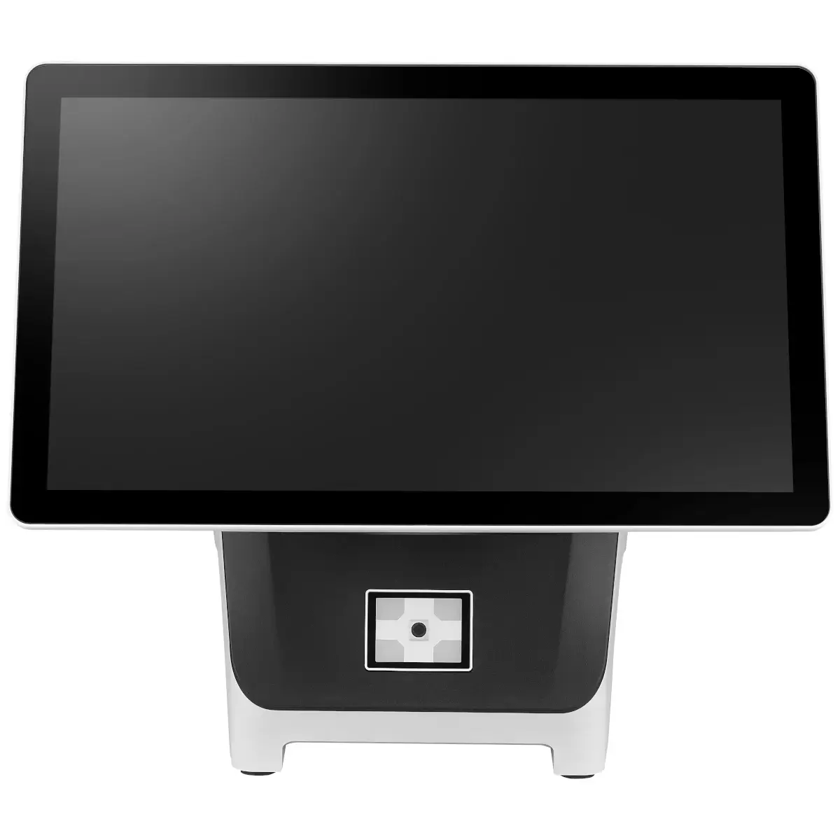 Hochwinkelansicht eines modernen Touchscreen-Kassensystems mit elegantem, schwarzem Bildschirm und Barcode-Scanner für den Einzelhandel oder die Gastronomie, Technologie.