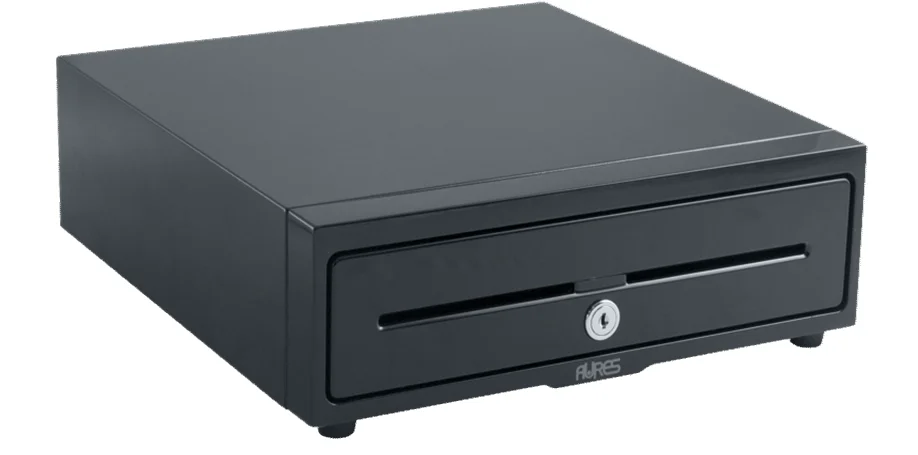 Bild einer eleganten schwarzen AURES-Geldschublade, einer zuverlässigen Point-of-Sale-Lösung (POS) für sicheres Bargeldmanagement und effiziente Transaktionen im Einzelhandel.