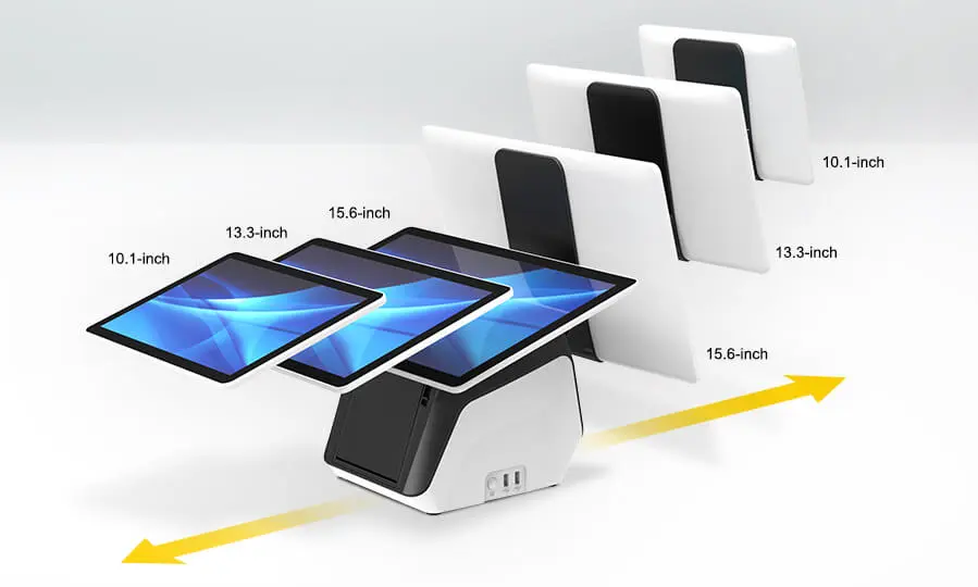 Moderne Point-of-Sale-Systeme (POS) bieten verschiedene Bildschirmgrößen, darunter 10,1-Zoll-, 13,3-Zoll- und 15,6-Zoll-Optionen, und verdeutlichen so die Skalierbarkeit des Systems für den Einzelhandel.