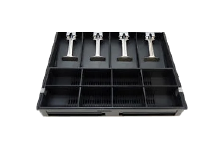 Nahaufnahme einer leeren Geldschublade mit mehreren Fächern zum Ordnen von Scheinen und Münzen. Ideal für Point-of-Sale-Systeme (POS), Unternehmen und Finanzen im Einzelhandel.