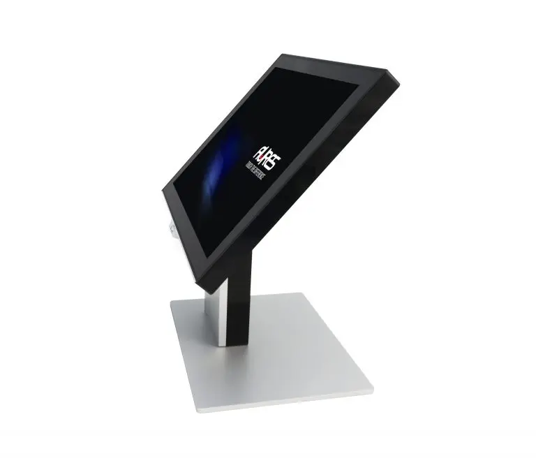 Moderner digitaler interaktiver Kiosk mit elegantem schwarzem Rahmen und silbernem Ständer, perfekt für Orientierung, Informationsanzeige und ansprechende Kundenerlebnisse.