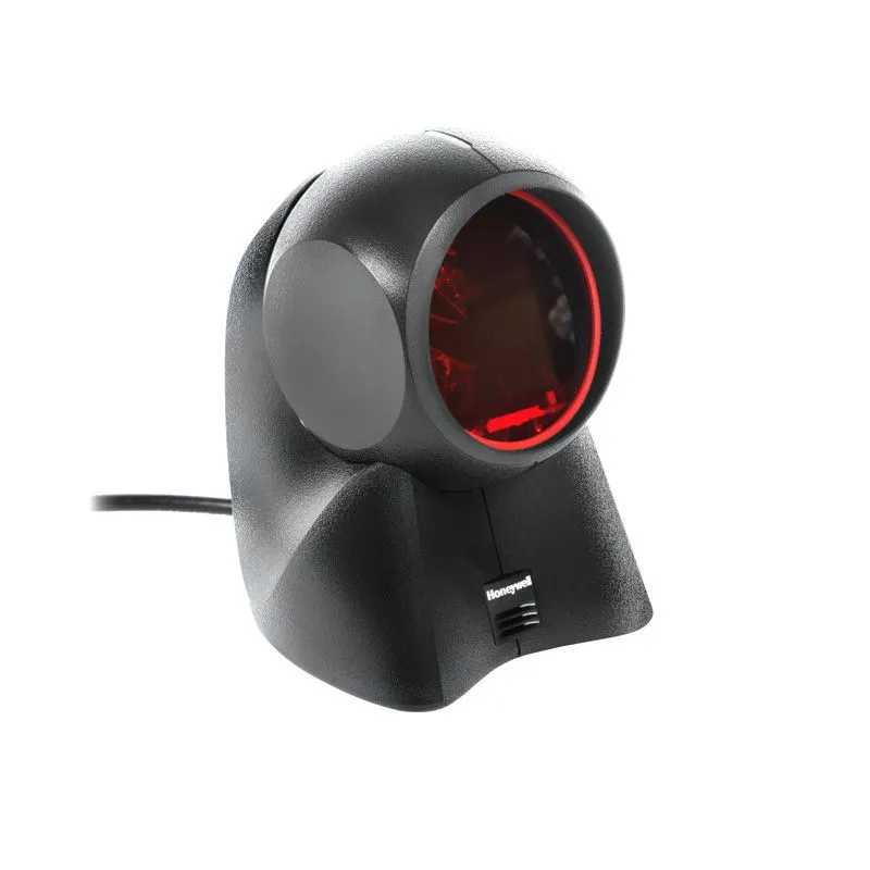 Nahaufnahme eines schwarzen Honeywell-Barcodescanners auf weißem Hintergrund, der den roten Scanstrahl und das schlanke Design für Kassensysteme zur Geltung bringt.