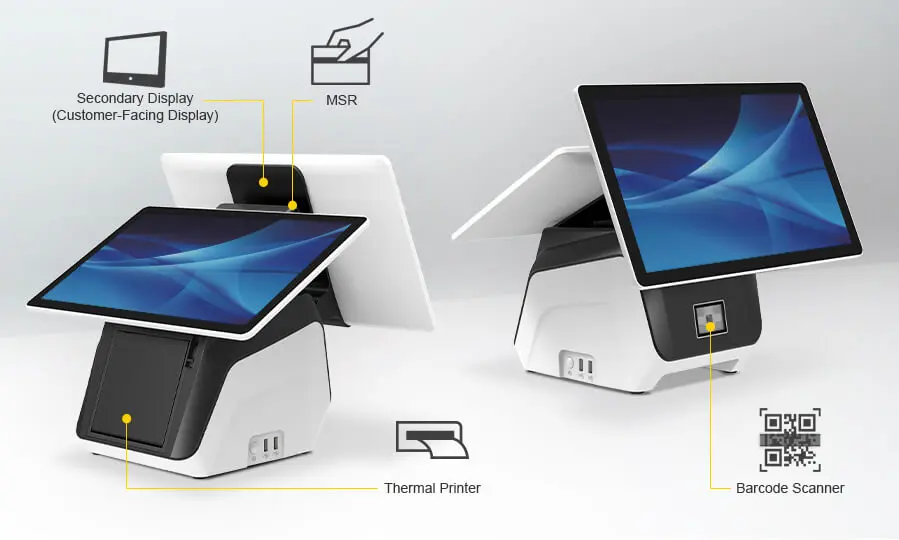 Point-of-Sale-Systeme (POS) mit moderner Touchscreen-Oberfläche und einem kundenorientierten Display. Perfekt für Einzelhandels- und Gastronomiebetriebe.