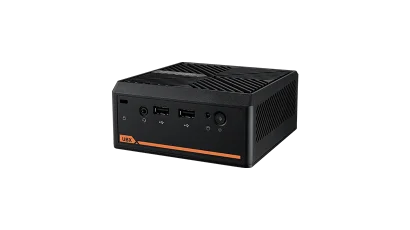 Nahaufnahme eines schwarzen UP Xtreme i11 Edge Mini-PCs mit verschiedenen Anschlüssen, konzipiert für industrielle Anwendungen und Edge-Computing-Lösungen. Ein modernes und kompaktes System.