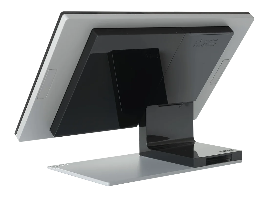 Rückansicht eines eleganten, modernen Kassenterminals (POS) von AURES in Schwarz und Silber. Ideal für Einzelhandels- oder Gastgewerbebetriebe, die das Design zur Geltung bringen.