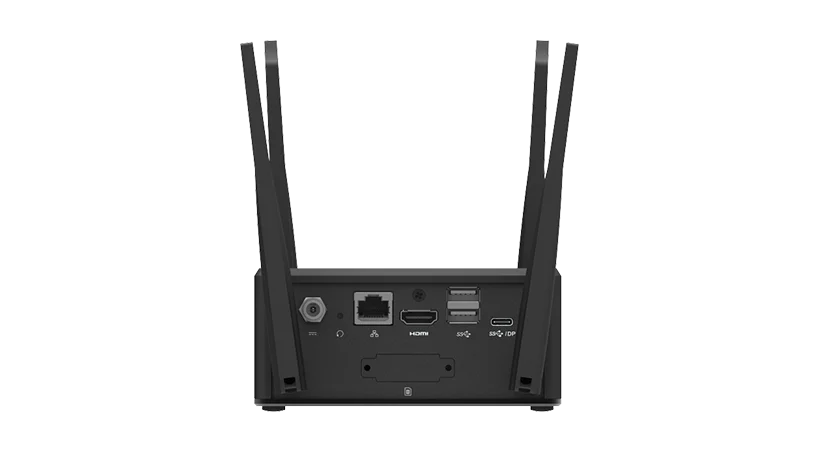 Rückansicht eines eleganten schwarzen Wi-Fi 6E-Gaming-Routers mit sichtbaren Antennen und mehreren Anschlüssen, darunter Ethernet, HDMI, USB und Stromeingang für verbesserte Konnektivität.