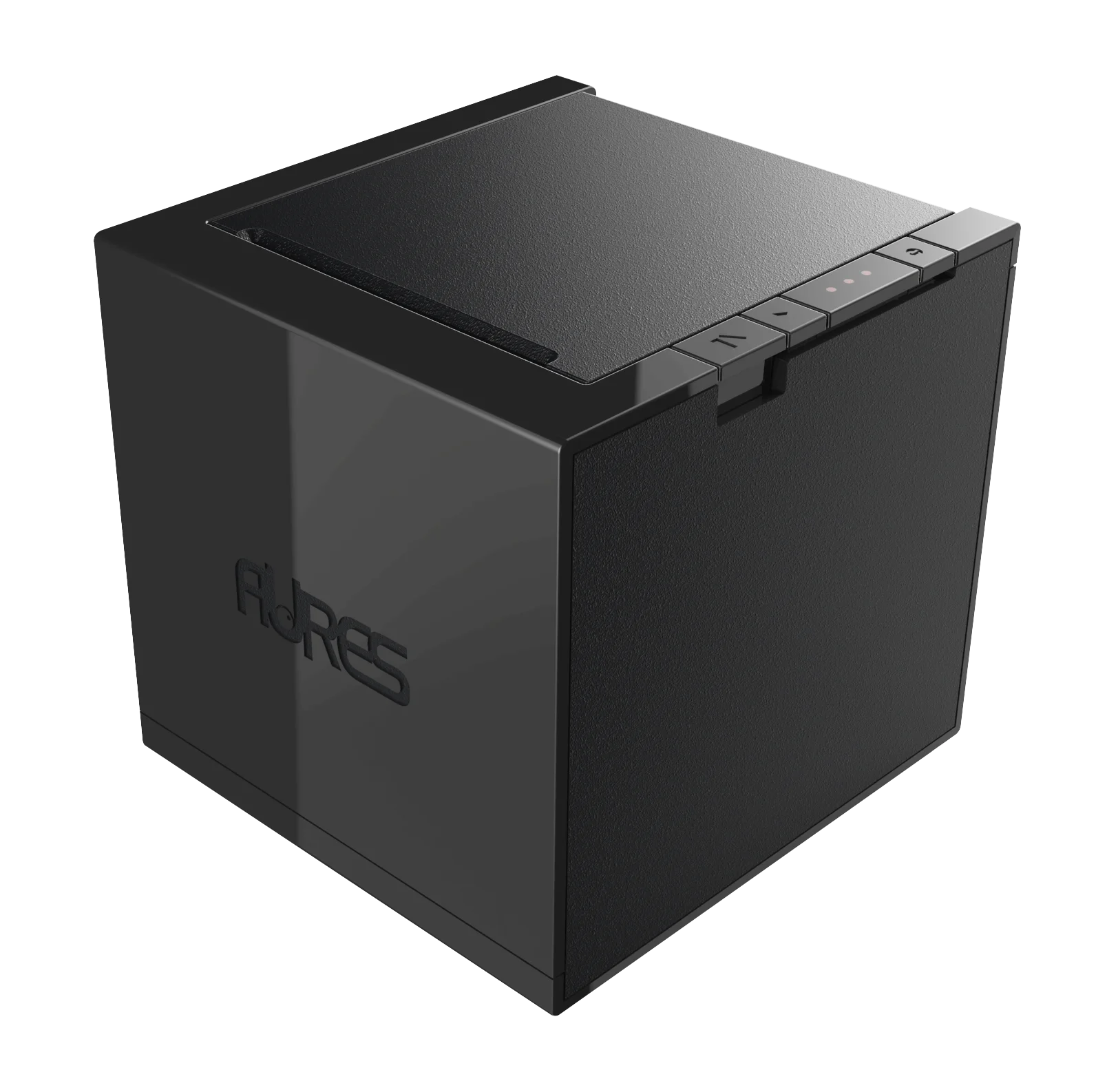 Modernes schwarzes Kassensystem von AURES für den Einzelhandel oder das Gastgewerbe mit einem schlanken, kompakten Würfeldesign und taktilen Bedientasten für eine benutzerfreundliche Bedienung.