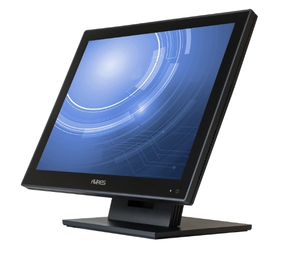 Aures Point-of-Sale-System (POS) mit elegantem, modernem Design und großem Touchscreen-Display. Ideal für Einzelhandel, Gastronomie und mehr. Hochwertiger Monitor.