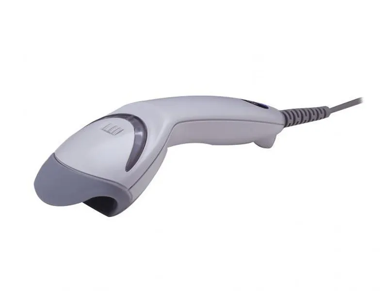 Bild eines schlanken, ergonomischen Barcodescanners mit weißem und grauem Design, Kabel und Scannerfenster, ideal für Einzelhandel und Lagerhaltung.