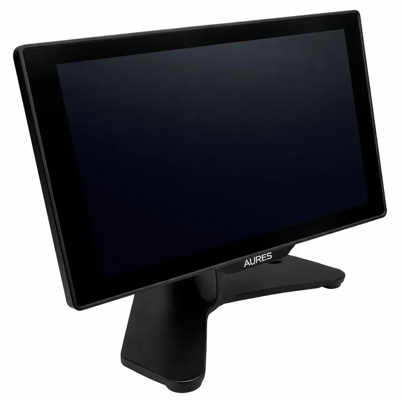 Nahaufnahme eines Point-of-Sale-Systems (POS) von AURES mit elegantem, komplett schwarzem Design. Ideal für Einzelhandels- oder Restaurantbetriebe, die moderne Technologie präsentieren.