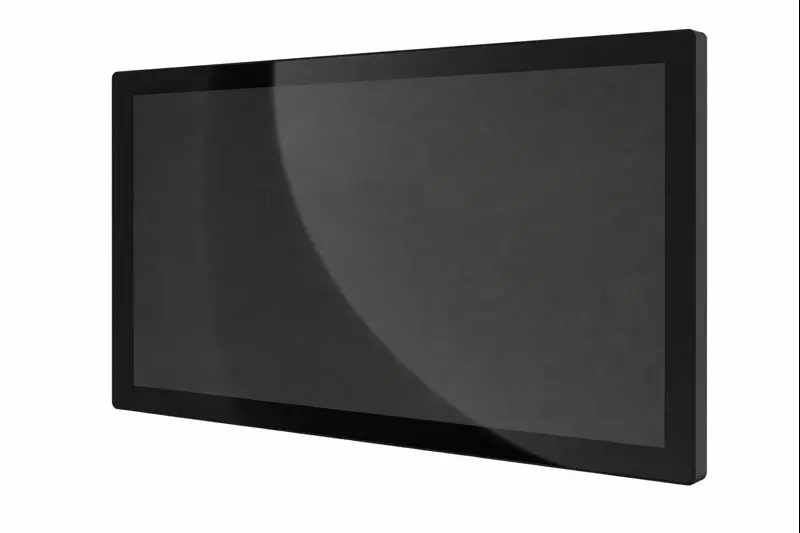 Hochauflösendes Bild eines eleganten, modernen Flachbildschirms mit dunkelgrauem Display und schlankem schwarzem Rahmen, ideal für den privaten oder professionellen Einsatz. Das Display zeigt Blendung.