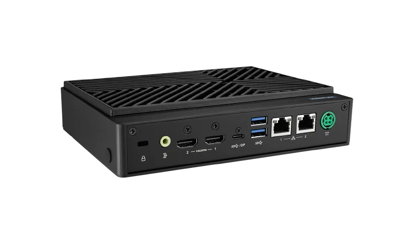 Rückansicht eines kompakten, lüfterlosen Industrie-PCs mit verschiedenen Anschlüssen, darunter HDMI, USB, LAN und Audio, der seine Konnektivitätsfunktionen und seine geringe Größe demonstriert.