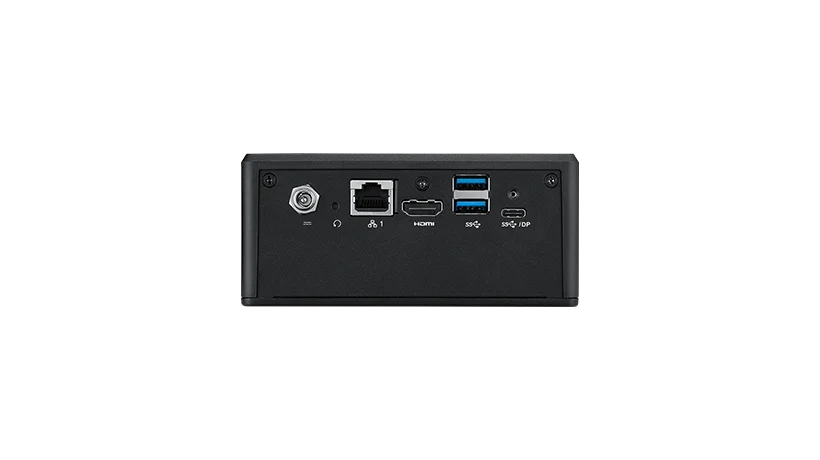 Nahaufnahme der Rückseite eines Digital Signage Media Players mit verschiedenen Anschlüssen, darunter Ethernet, HDMI, USB und DisplayPort für vielseitige Konnektivität.
