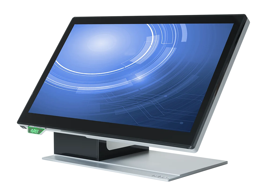 Aures-Kassenterminal mit modernem Design und großem Touchscreen-Display mit abstrakter blauer Grafik. Ideal für Einzelhandelsumgebungen.